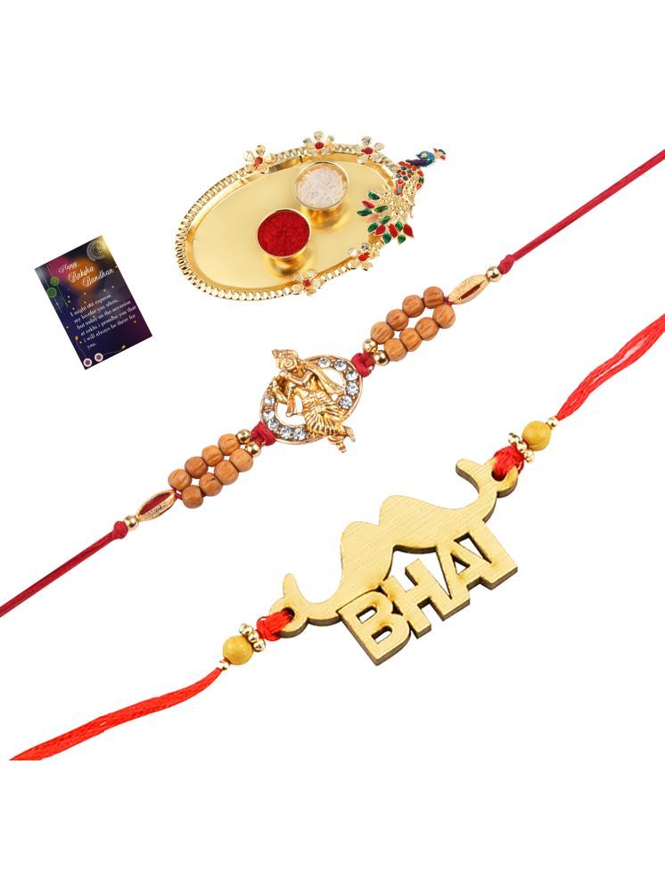     			Elegant Bhaiya Rakhi " BHAI" Designe With Designer Look"KRISHNA JI "Rakhi Combo For Bhaiya With Roli Chawal And Greeting Card 1 Kankawati Pooja Thali