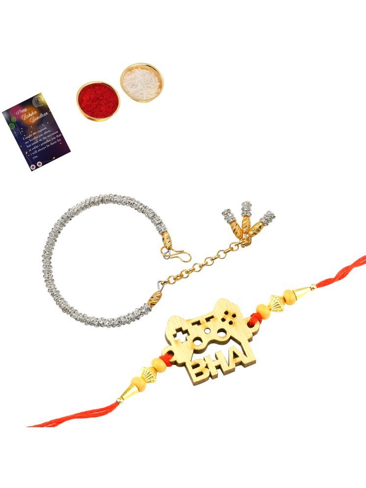     			Elegant Bhaiya Rakhi " BHAI" Designe With Silver Bracelet Kada BhabhiRakhi Combo With Roli Chawal And Greeting Card