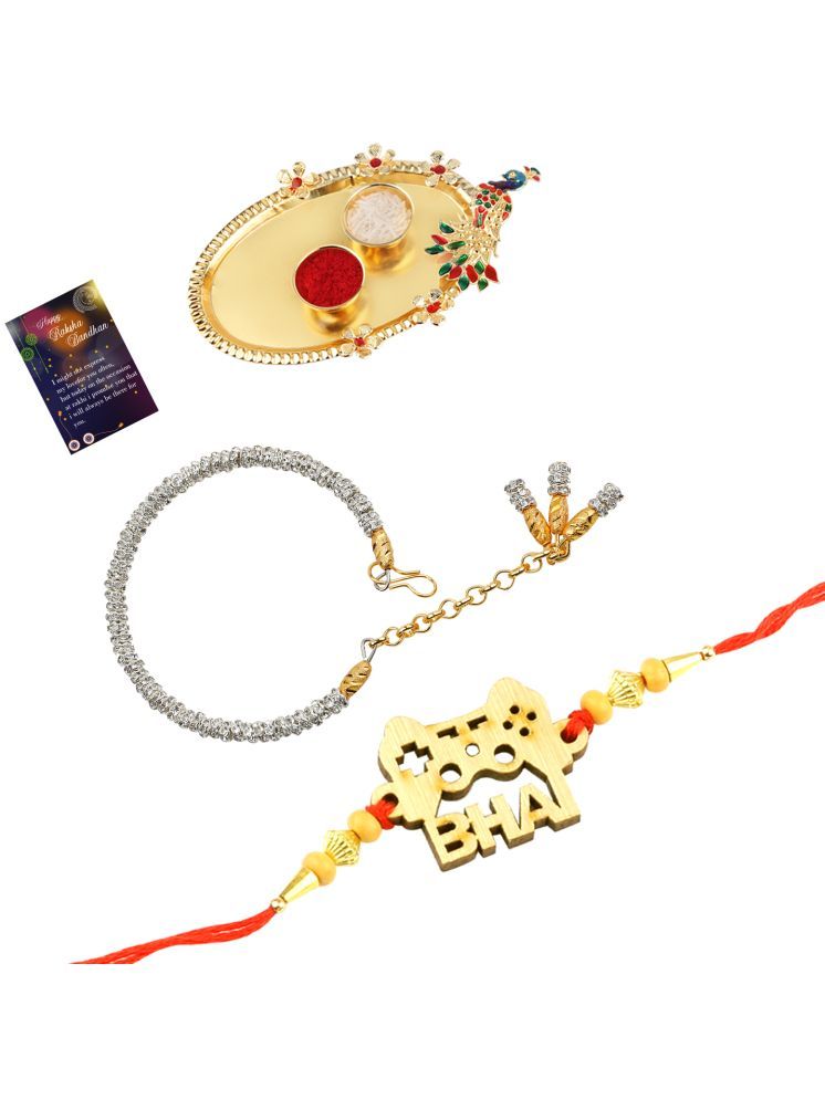     			Elegant Bhaiya Rakhi " BHAI" Designe With Silver Bracelet Kada BhabhiRakhi Combo With Roli Chawal And Greeting Card 1 Kankawati Pooja Thali