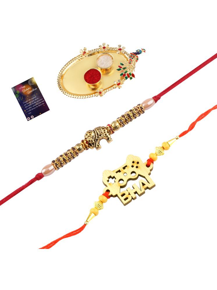     			Elegant Bhaiya Rakhi " BHAI" Designe With Designer Look "Elephant" Rakhi Combo For Bhaiya With Roli Chawal And Greeting Card 1 Kankawati Pooja Thali