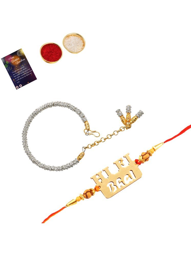     			Elegant Bhaiya Rakhi " HI-FI BHAI" Designer Pendent With Silver Bracelet Kada BhabhiRakhi Combo With Roli Chawal And Greeting Card