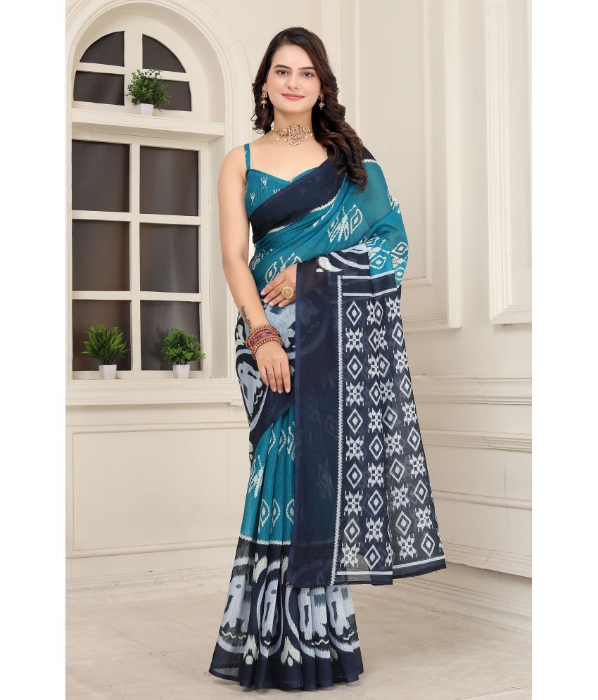     			Fashionfricks Linen Printed Saree With Blouse Piece - Multicolor ( Pack of 1 )