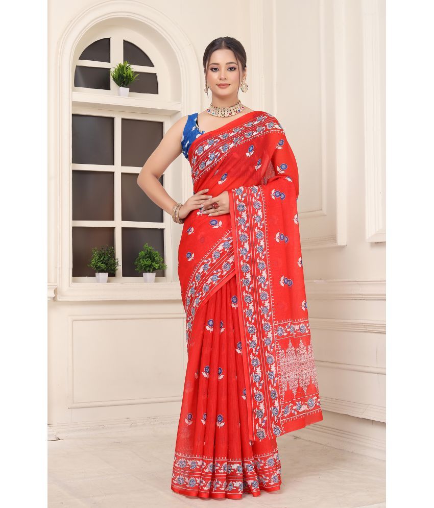     			Fashionfricks Linen Printed Saree With Blouse Piece - Multicolor ( Pack of 1 )