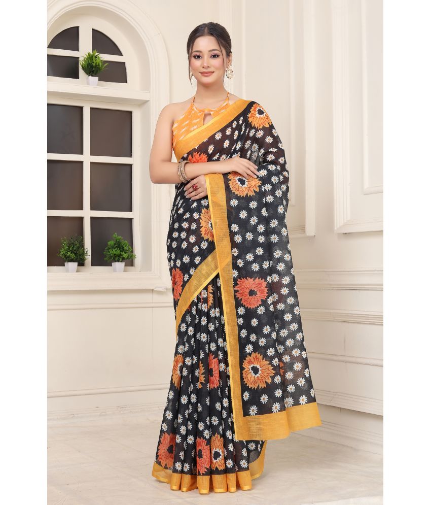     			Fashionfricks Linen Printed Saree With Blouse Piece - Multicolor ( Pack of 1 )