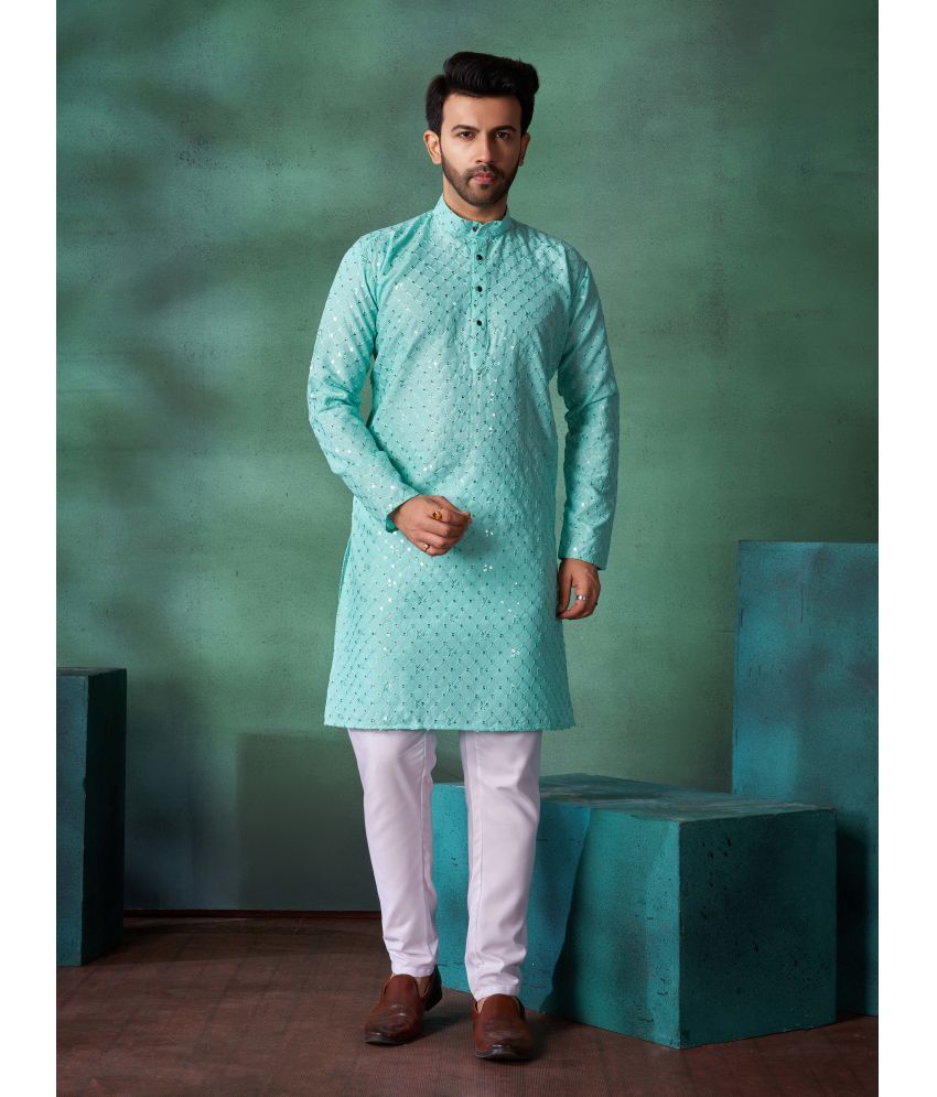     			Fashionfricks Sea Green Cotton Blend Regular Fit Men's Kurta Pyjama Set ( Pack of 1 )