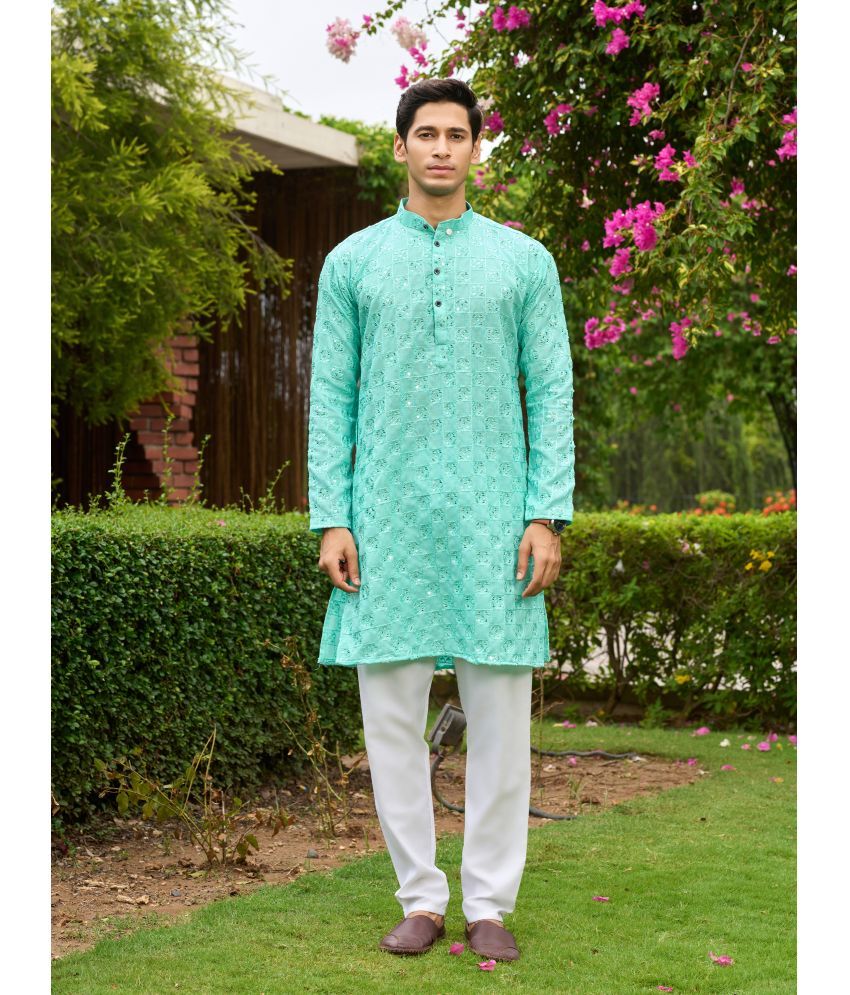     			Fashionfricks Sea Green Cotton Blend Regular Fit Men's Kurta Pyjama Set ( Pack of 1 )