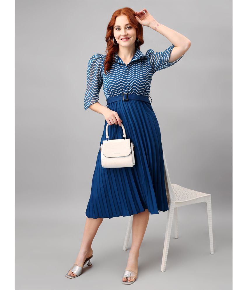     			Femvy Georgette Striped Knee Length Women's Fit & Flare Dress - Blue ( Pack of 1 )