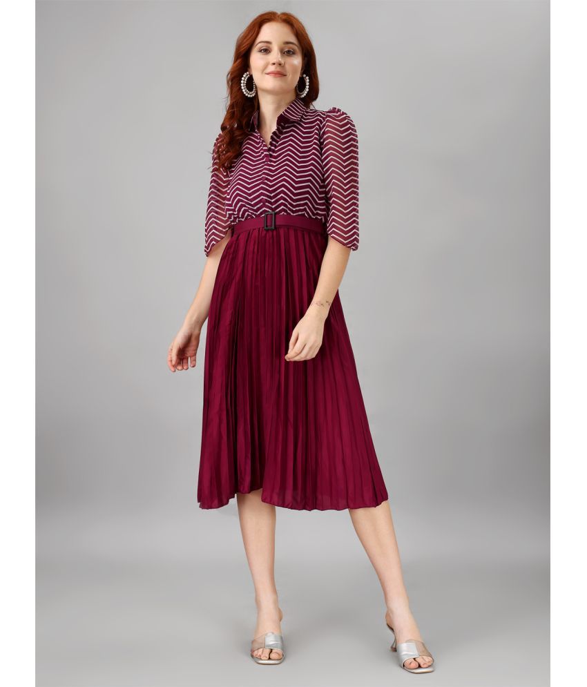     			Femvy Georgette Striped Knee Length Women's Fit & Flare Dress - Magenta ( Pack of 1 )