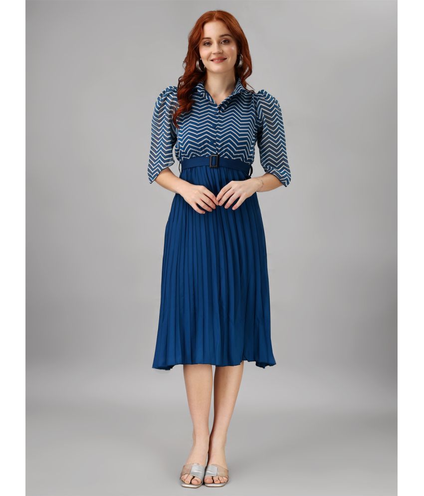     			Femvy Georgette Striped Knee Length Women's Fit & Flare Dress - Blue ( Pack of 1 )