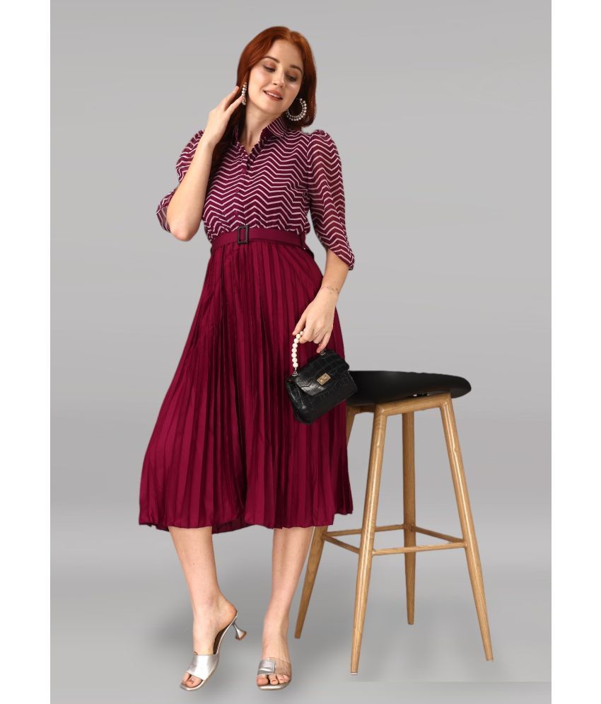     			Femvy Georgette Striped Knee Length Women's Fit & Flare Dress - Magenta ( Pack of 1 )