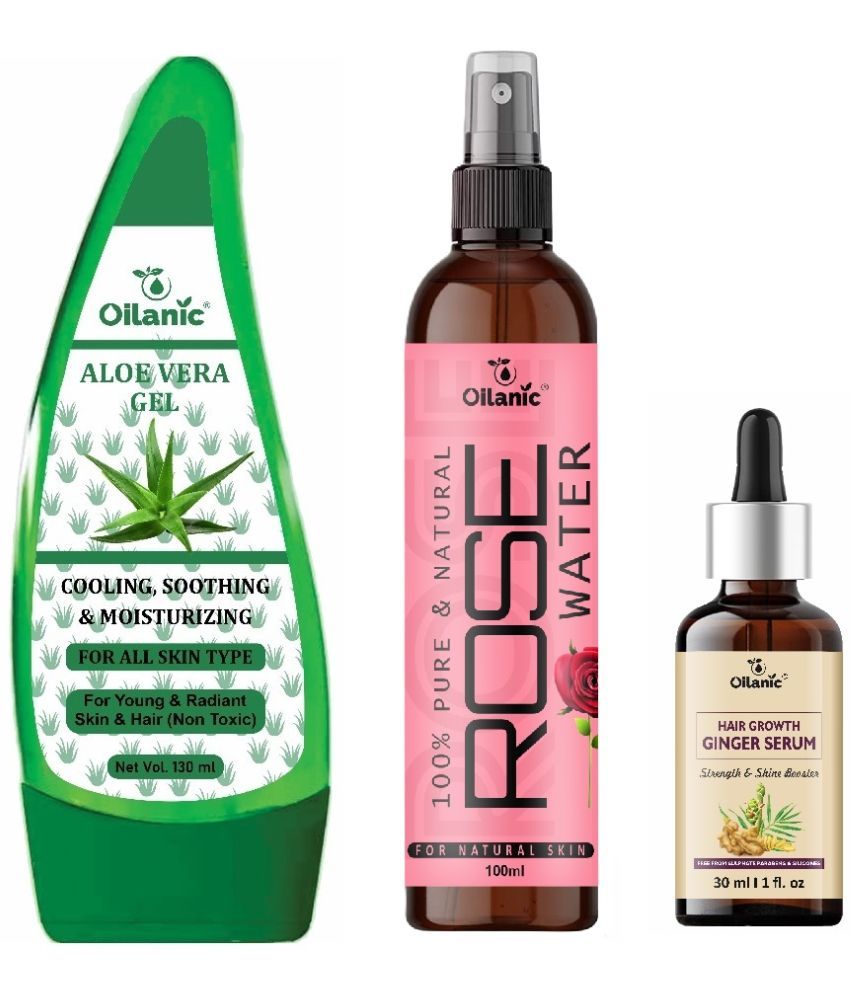     			Pure Aloe vera Gel 130ml, Rose water for Hyrated Skin 100ml & Hair Growth Ginger Serum 30ml - Combo of 3 Items