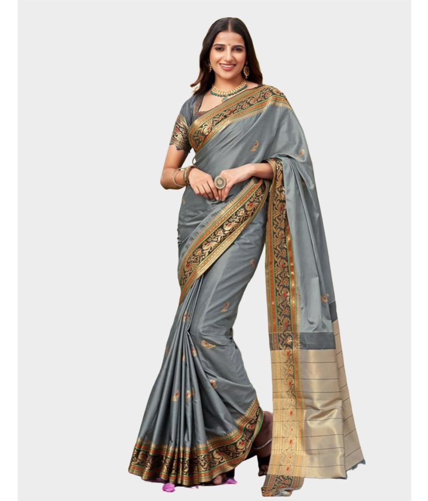     			Samah Silk Embellished Saree With Blouse Piece - Grey ( Pack of 1 )