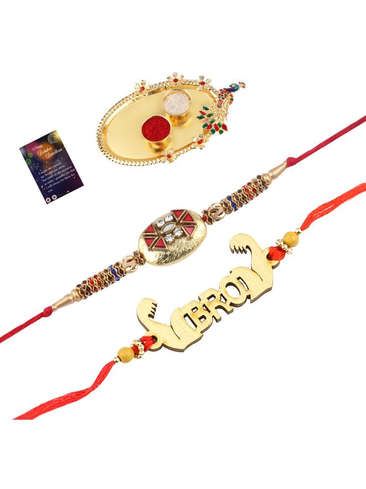     			Stylish Bhaiya Rakhi " BRO" Designer Pendent With Designer Look Rakhi Combo For Bhaiya With Roli Chawal And Greeting Card 1 Kankawati Pooja Thali