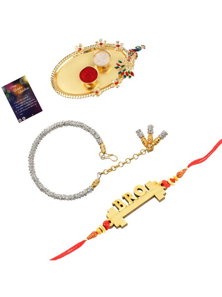     			Stylish Bhaiya Rakhi " BRO" Designer Pendent With Silver Bracelet Kada BhabhiRakhi Combo With Roli Chawal And Greeting Card 1 Kankawati Pooja Thali