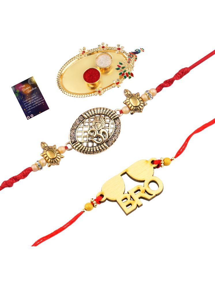     			Stylish Bhaiya Rakhi " BRO" Designer Pendent With Designer Look "OM" Rakhi Combo For Bhaiya With Roli Chawal And Greeting Card 1 Kankawati Pooja Thali