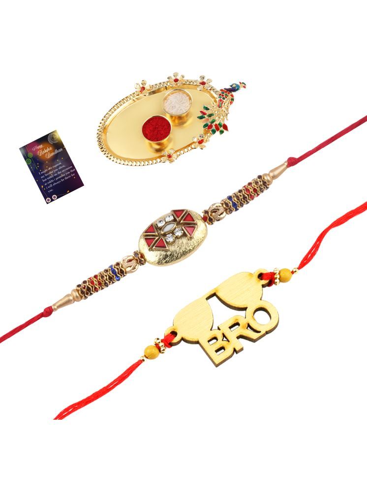     			Stylish Bhaiya Rakhi " BRO" Designer Pendent With Designer Look Rakhi Combo For Bhaiya With Roli Chawal And Greeting Card 1 Kankawati Pooja Thali