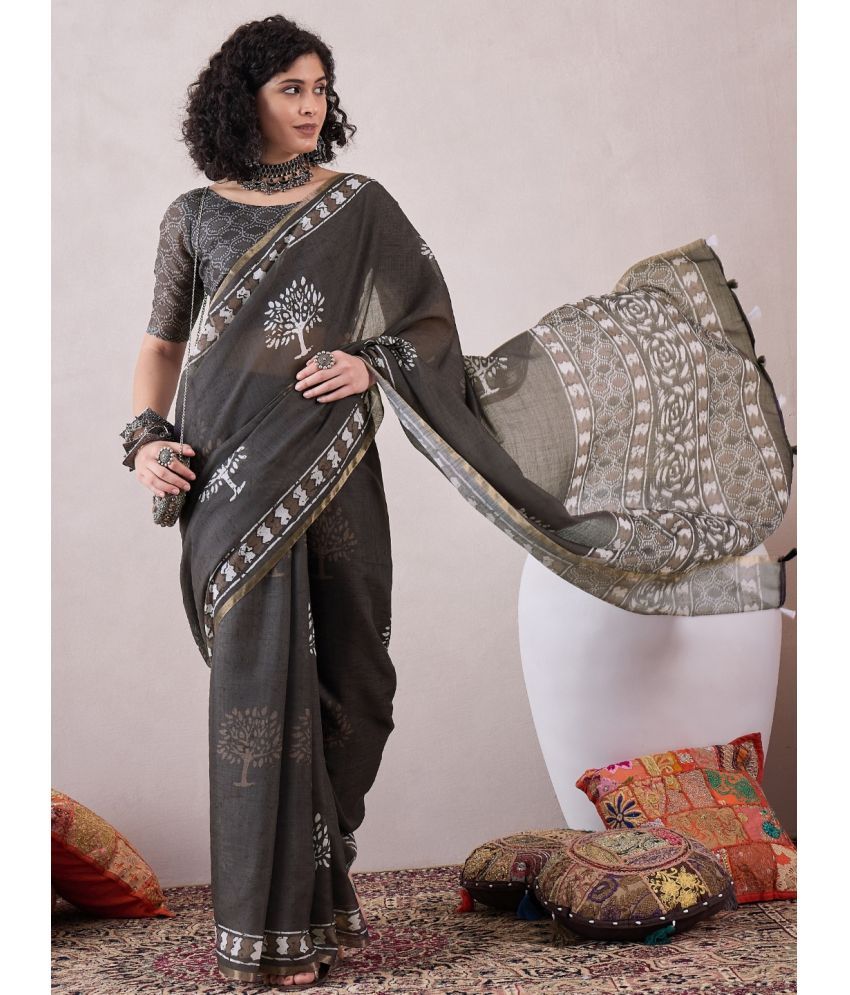     			Vaamsi Linen Printed Saree With Blouse Piece - Grey ( Pack of 1 )