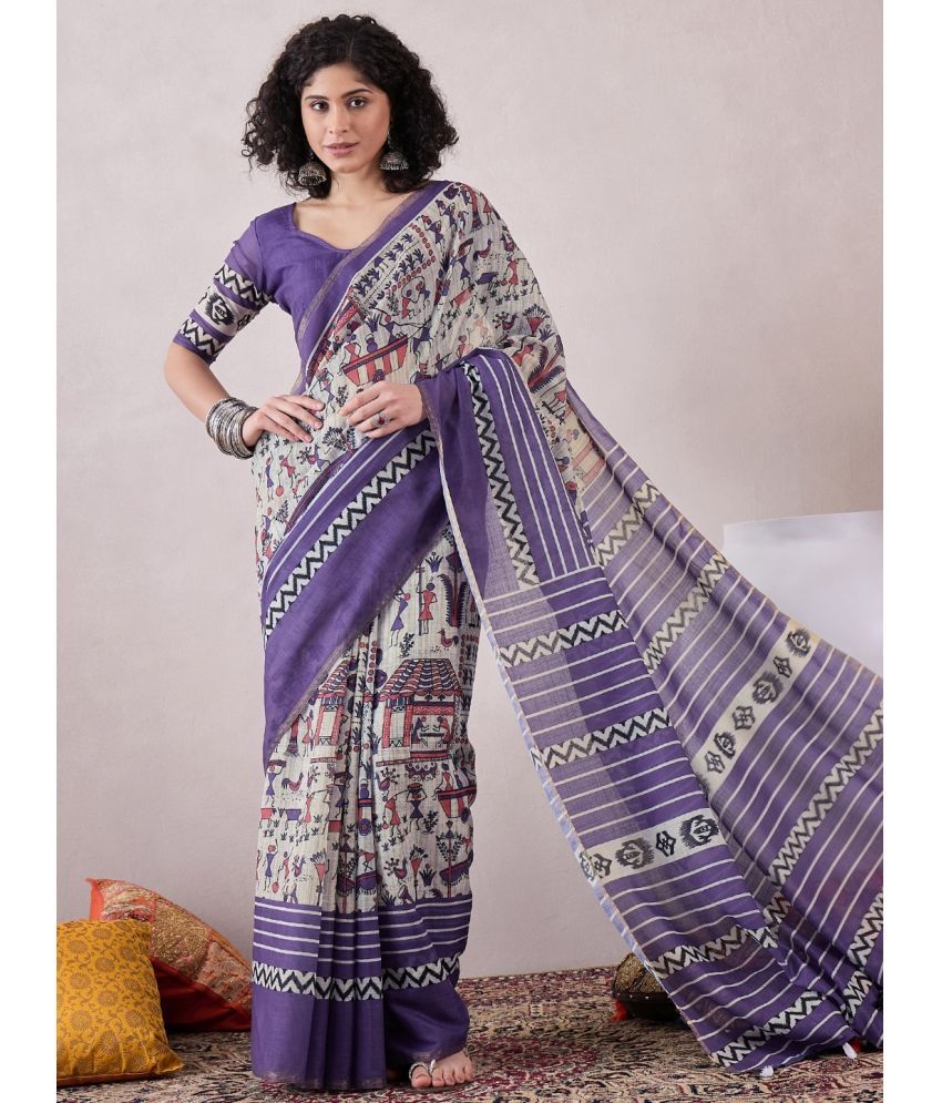     			Vaamsi Linen Printed Saree With Blouse Piece - Grey ( Pack of 1 )