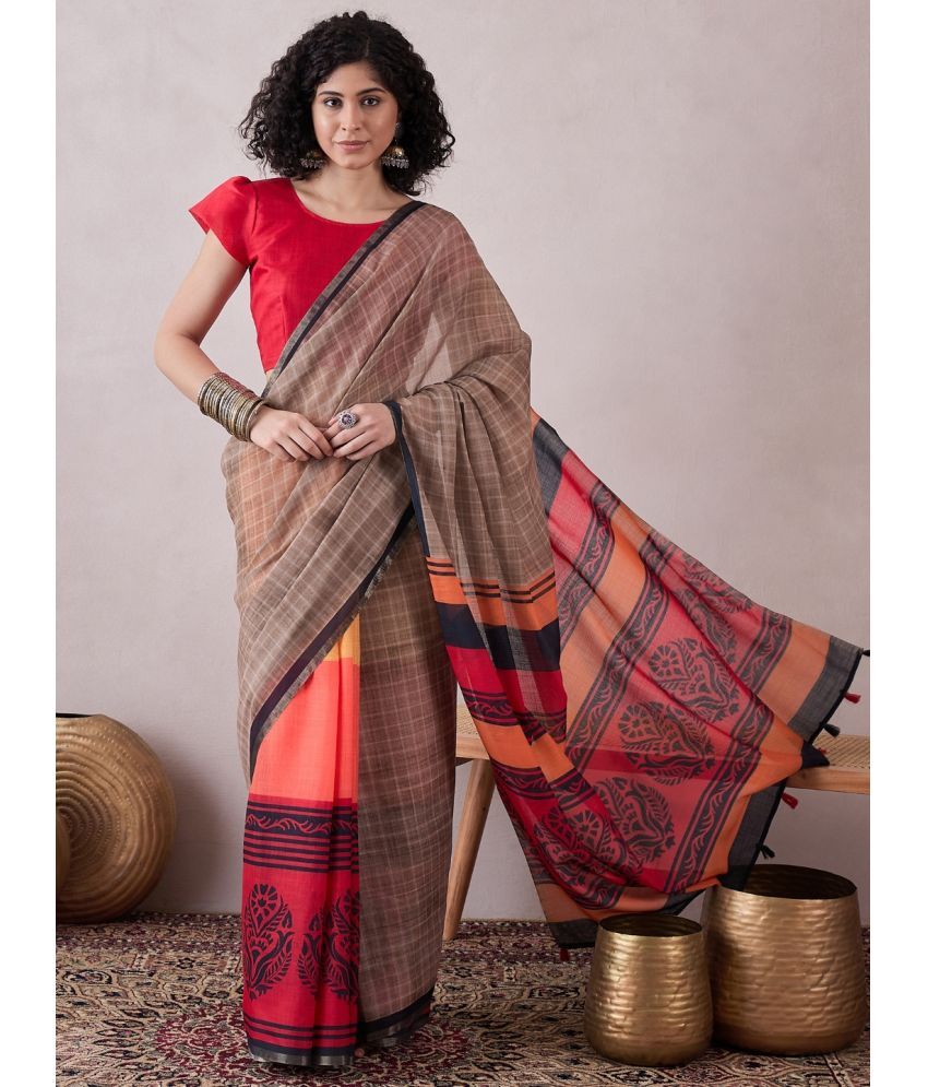     			Vaamsi Linen Printed Saree With Blouse Piece - Brown ( Pack of 1 )