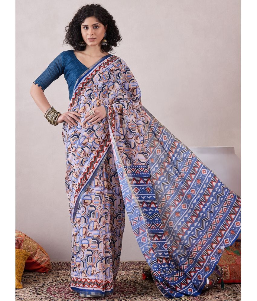     			Vaamsi Linen Printed Saree With Blouse Piece - Blue ( Pack of 1 )