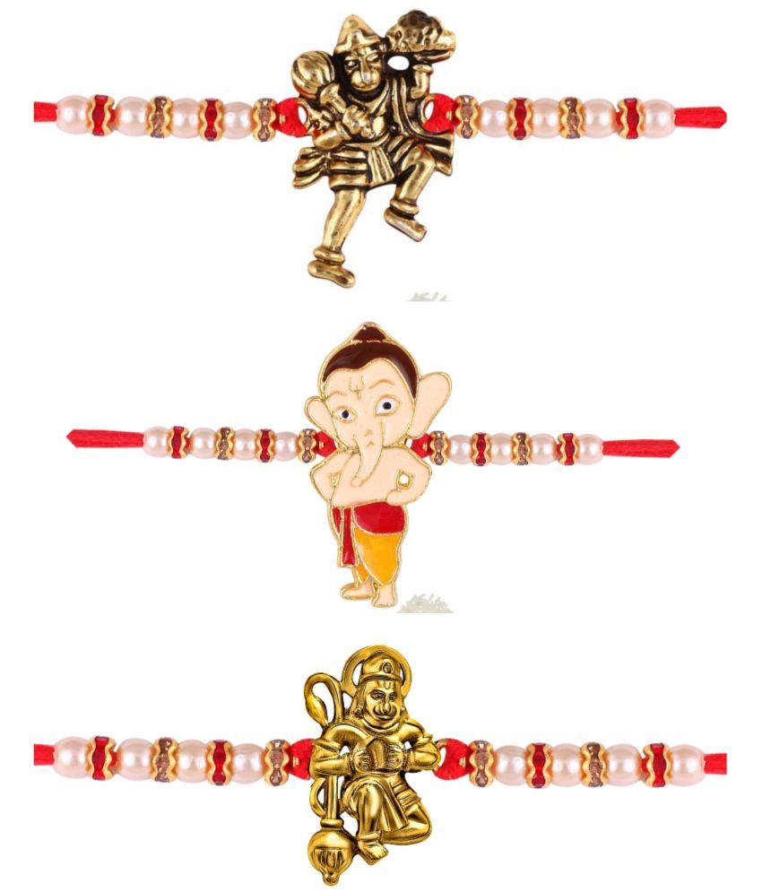     			Vighnaharta Ganesh Hanuman combo Gold and Rhodium Plated Alloy Kids Rakhi for Lovely Brother pack of 3[VFJ1140-1146-1156RKG]