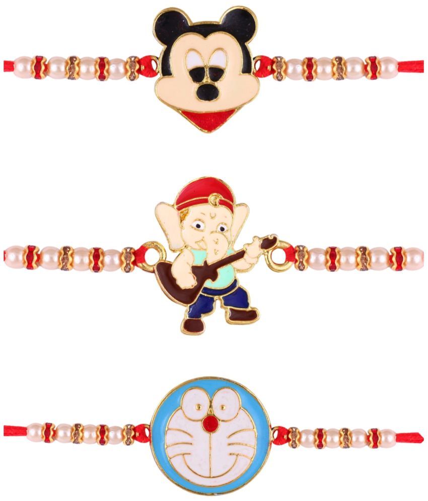     			Vighnaharta Mickey Mouse Doremon combo cartoons Gold and Rhodium Plated Alloy Kids Rakhi for Lovely Brother pack of 3[VFJ1151-1155-1152RKG]