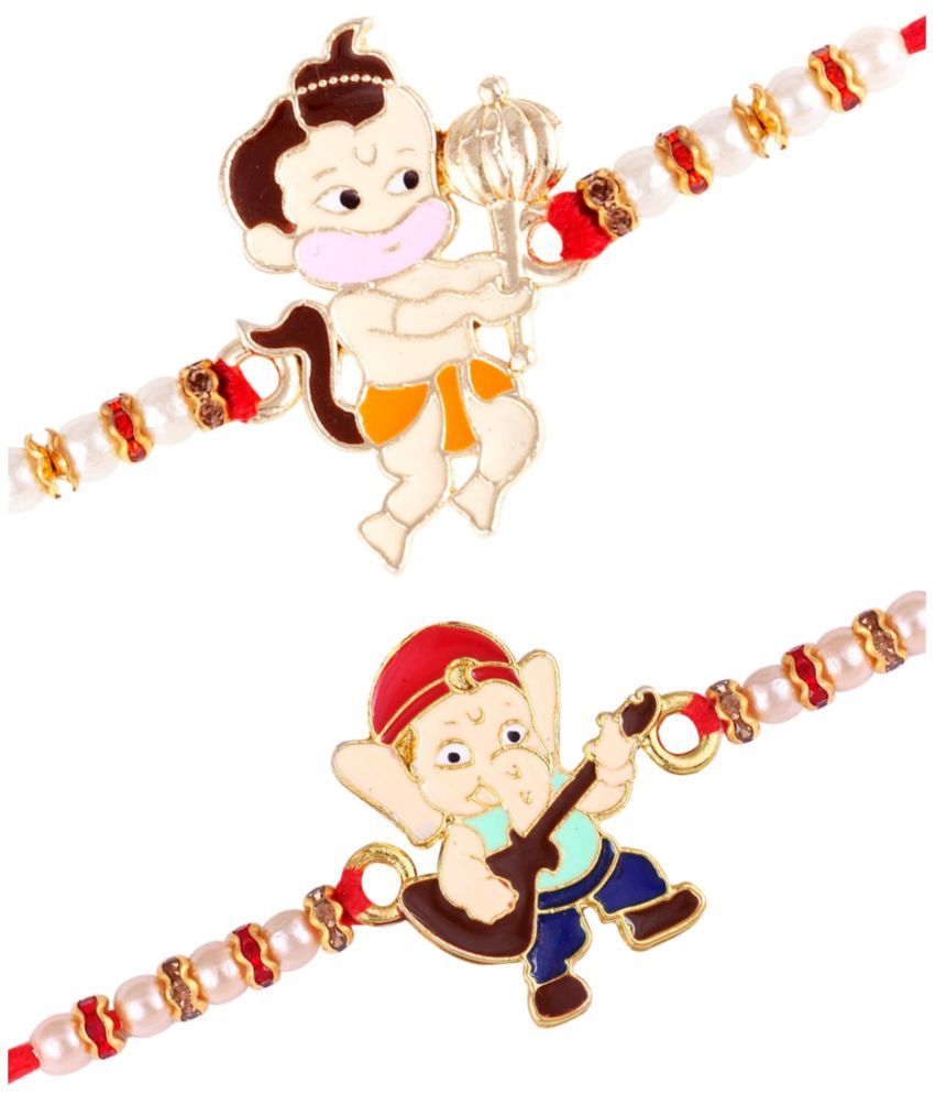     			Vighnaharta Veena Ganesh Bal Hanuman combo cartoons Gold and Rhodium Plated Alloy Kids Rakhi for Lovely Brother[VFJ1155-1166RKG]