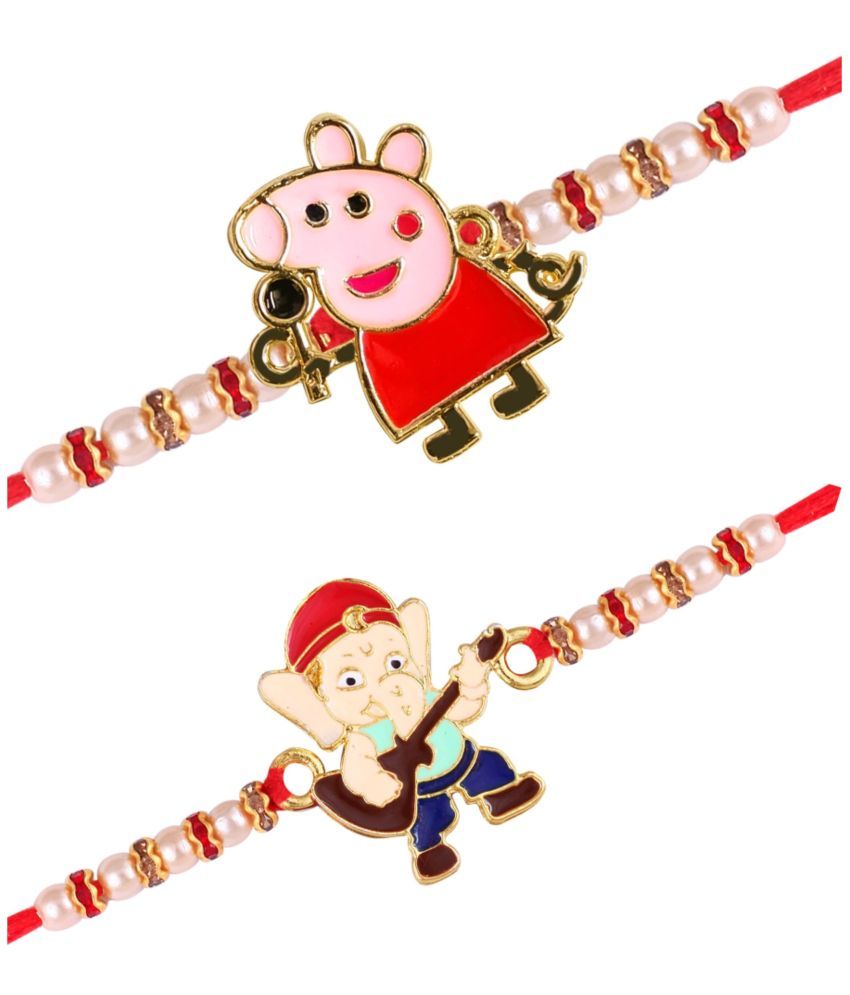     			Vighnaharta Veena Ganesh Peppa Pig combo cartoons Gold and Rhodium Plated Alloy Kids Rakhi for Lovely Brother[VFJ1158-1155RKG]