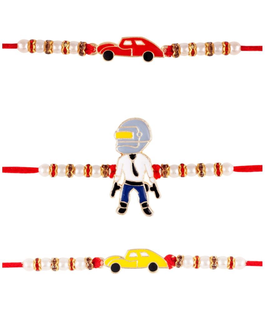     			Vighnaharta car and Pub G combo cartoons Gold and Rhodium Plated Alloy Kids Rakhi for Lovely Brother pack of 3[VFJ1165-1162RED-1162YELLOW-RKG]