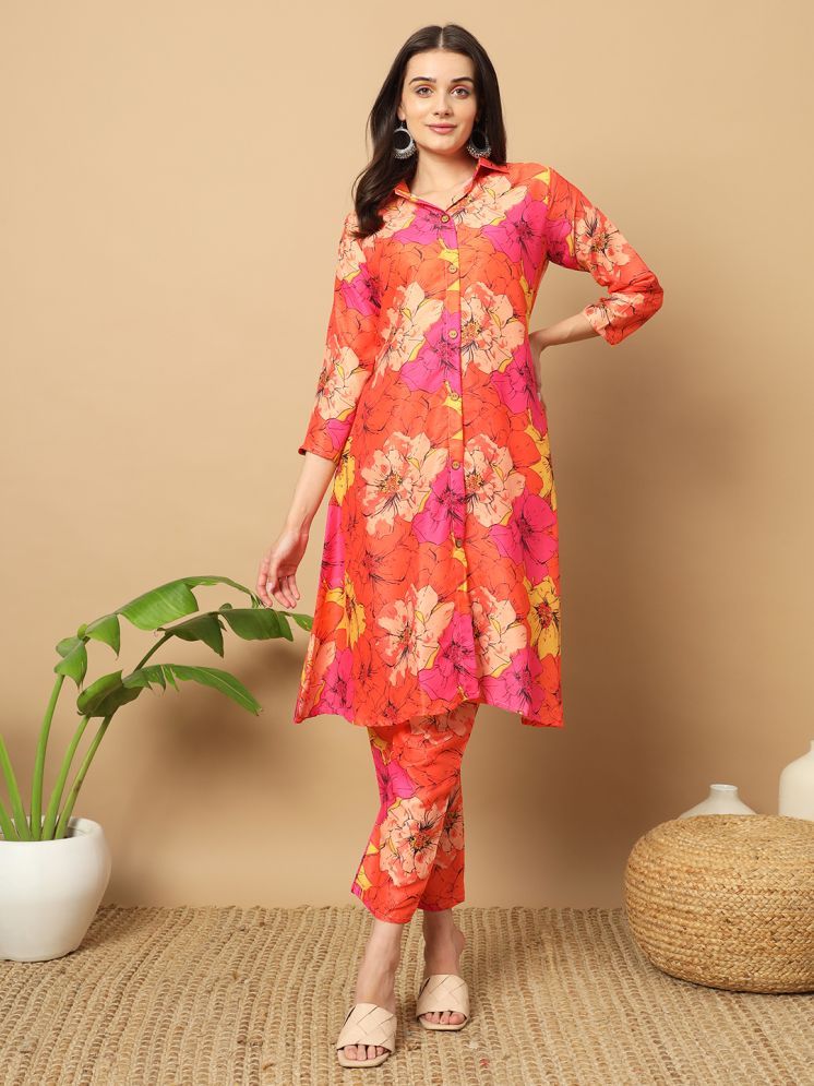     			MORLY Cotton Printed Kurti With Pants Women's Stitched Salwar Suit - Orange ( Pack of 1 )