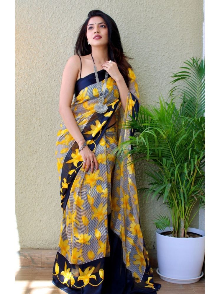     			Sanwariya Silks Georgette Printed Saree With Blouse Piece - Yellow ( Pack of 1 )