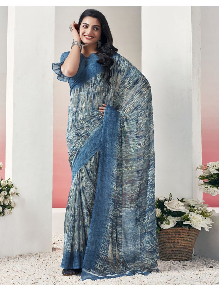     			Satrani Chiffon Printed Saree With Blouse Piece - Teal ( Pack of 1 )