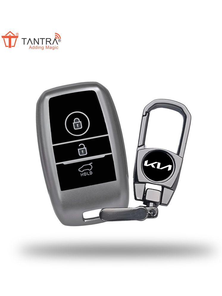     			TANTRA TPU Key Cover and Metal Keychain Compatible for Kia Sonet | Carens | Seltos 3 Button Smart Key (Grey)