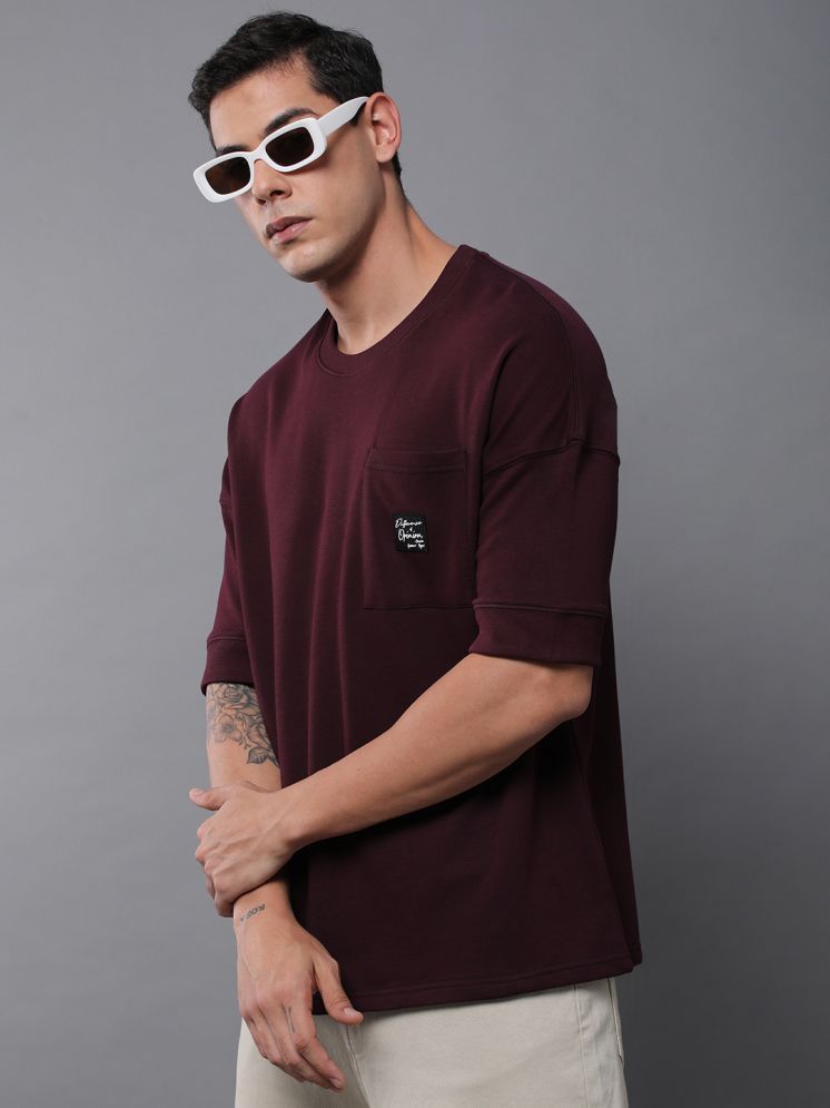     			Difference of Opinion 100% Cotton Oversized Fit Solid Half Sleeves Men's Round T-Shirt - Maroon ( Pack of 1 )