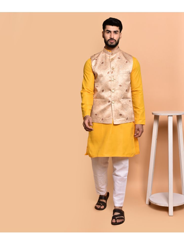     			PRINTCULTR Yellow Cotton Regular Fit Men's Kurta Pyjama Set ( Pack of 1 )