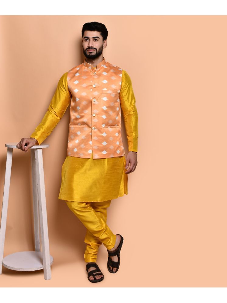     			PRINTCULTR Yellow Silk Regular Fit Men's Kurta Pyjama Set ( Pack of 1 )