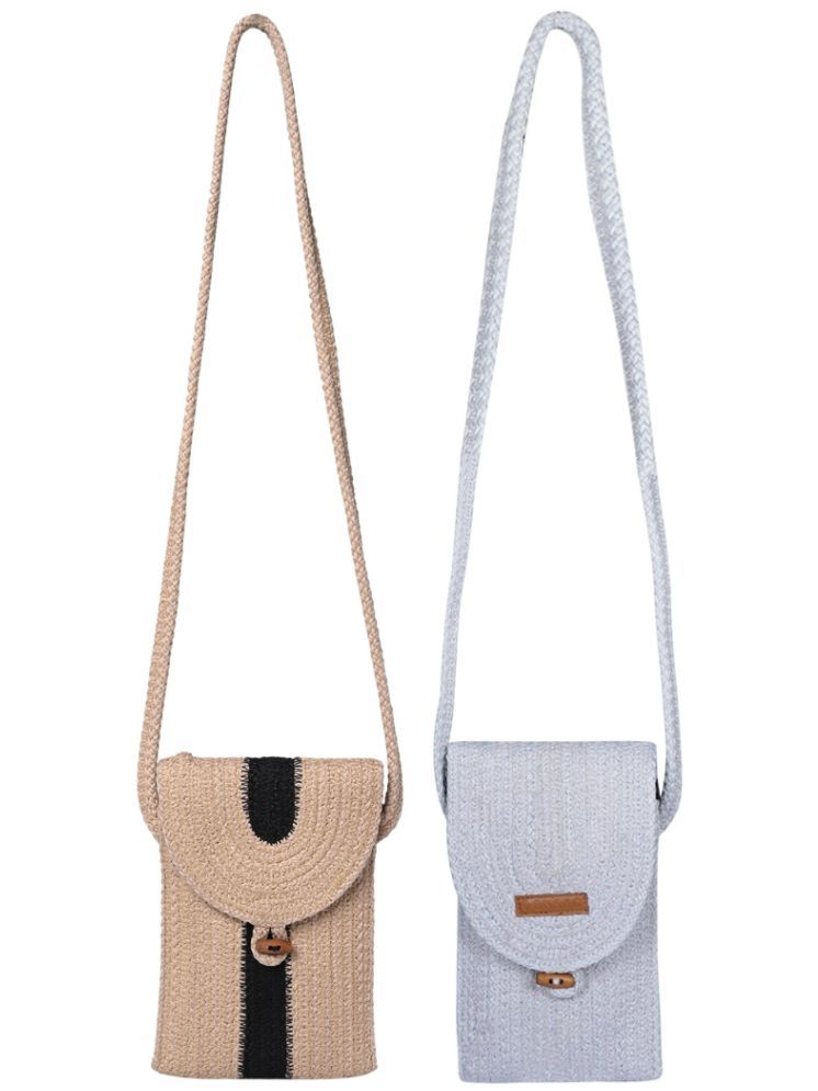     			ENSAC Light Grey Jute Sling Bag