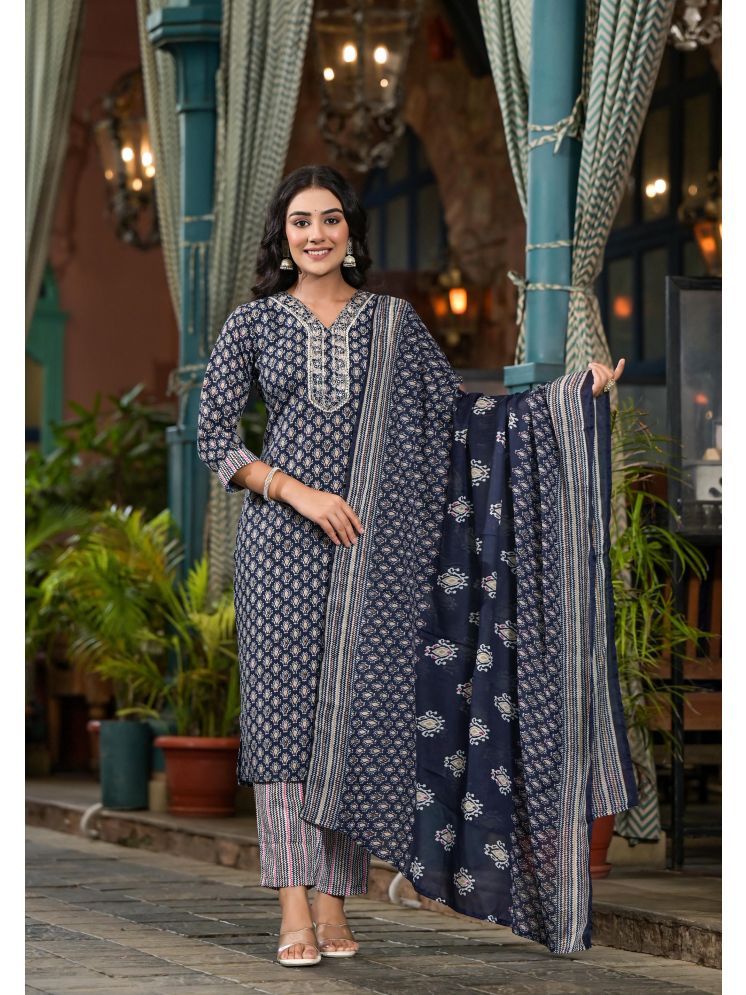     			Juniper Cotton Blend Printed Kurti With Pants Women's Stitched Salwar Suit - Navy ( Pack of 1 )