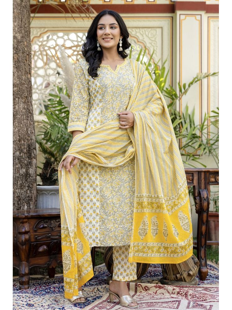     			Kohsh Cotton Printed Kurti With Pants Women's Stitched Salwar Suit - Yellow ( Pack of 1 )