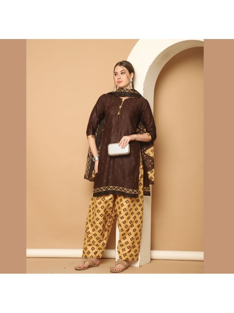     			Rajnandini Cotton Blend Printed Kurti With Patiala Women's Stitched Salwar Suit - Brown ( Pack of 1 )