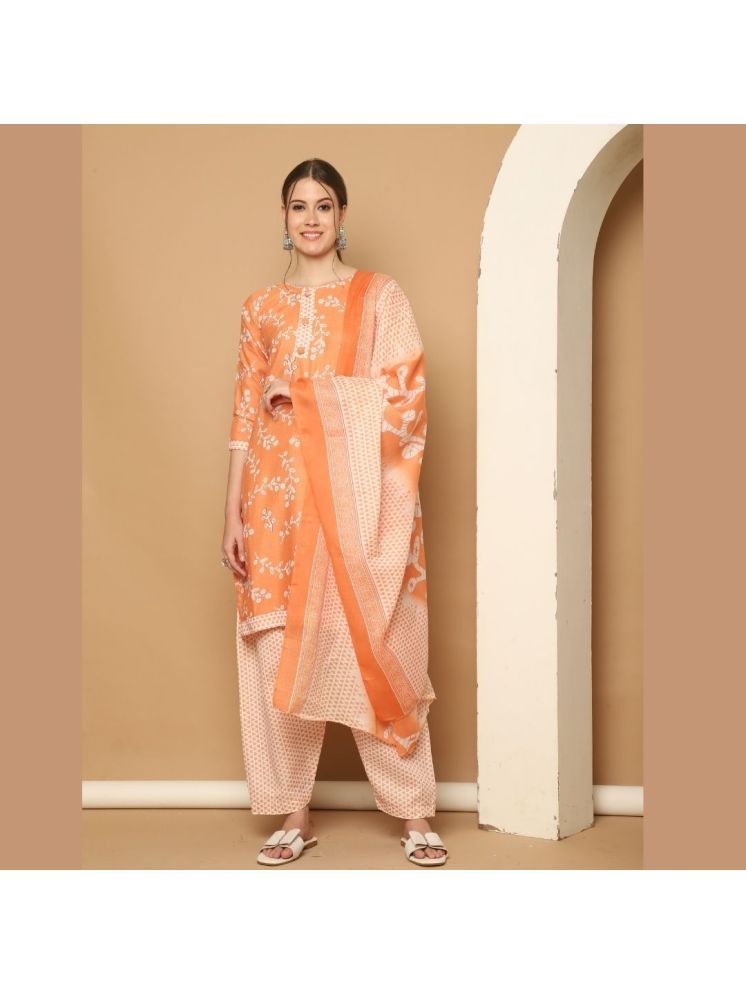     			Rajnandini Cotton Blend Printed Kurti With Patiala Women's Stitched Salwar Suit - Orange ( Pack of 1 )