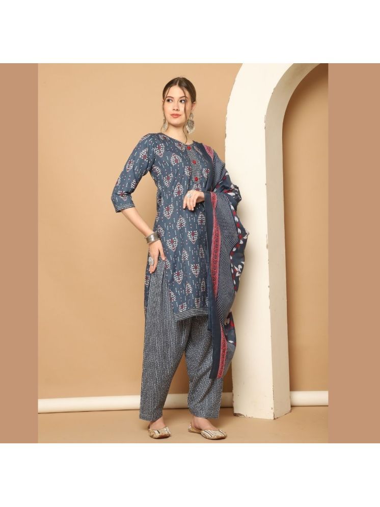     			Rajnandini Cotton Blend Printed Kurti With Patiala Women's Stitched Salwar Suit - Grey ( Pack of 1 )