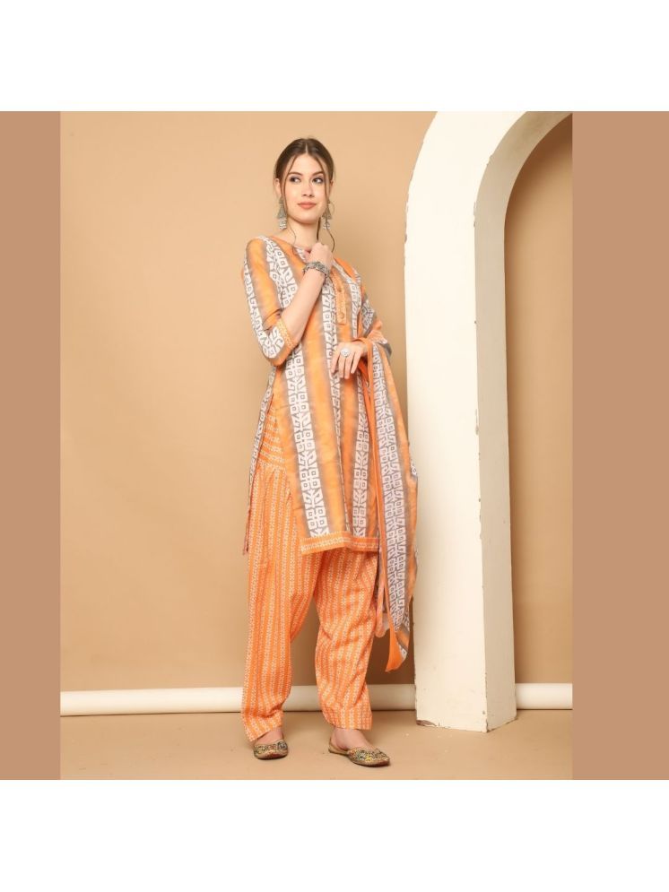     			Rajnandini Cotton Blend Printed Kurti With Patiala Women's Stitched Salwar Suit - Orange ( Pack of 1 )