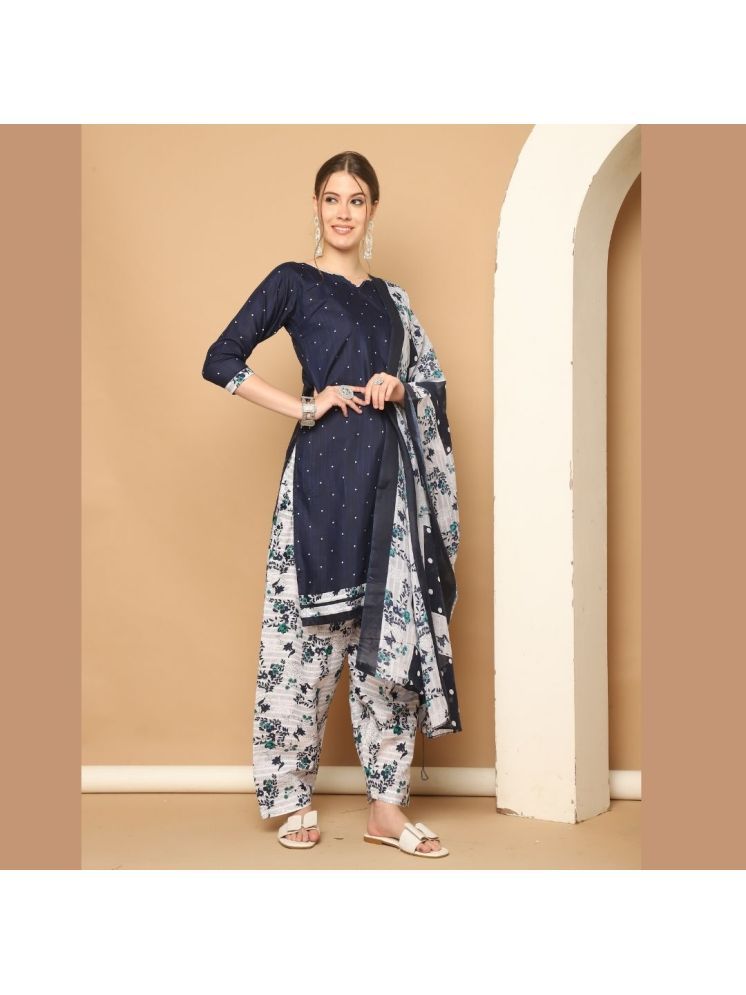     			Rajnandini Cotton Blend Printed Kurti With Patiala Women's Stitched Salwar Suit - Navy ( Pack of 1 )