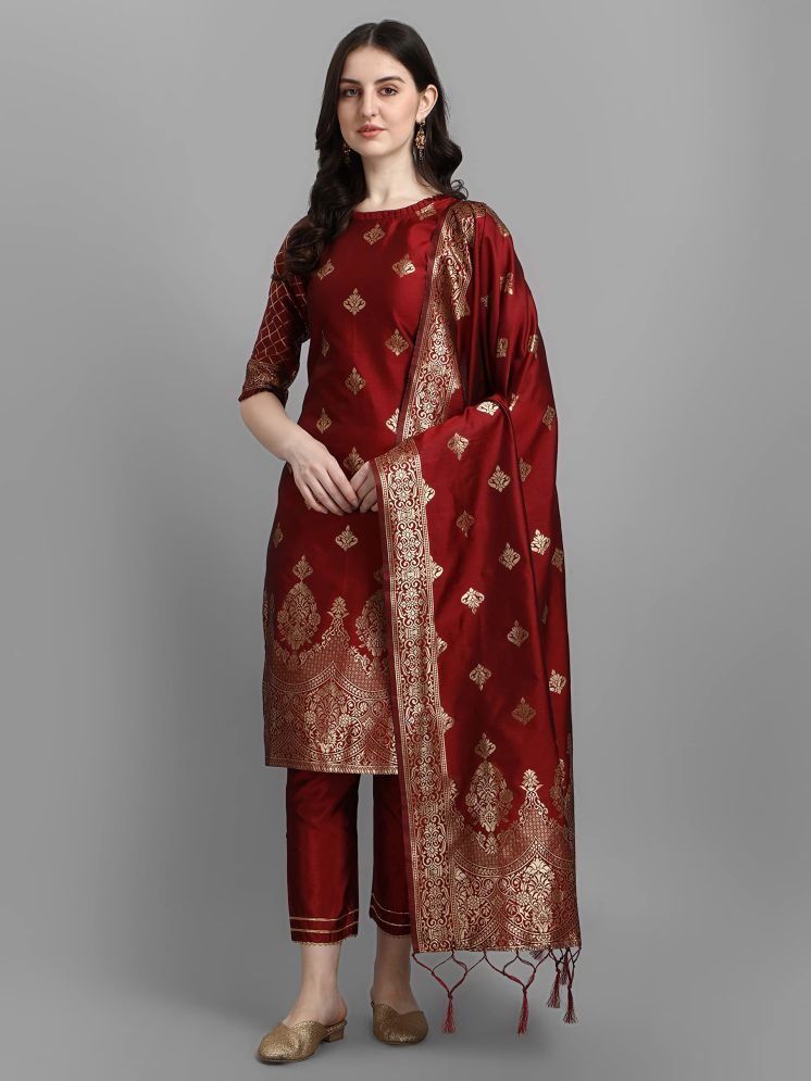     			VredeVogel Cotton Silk Embellished Kurti With Pants Women's Stitched Salwar Suit - Maroon ( Pack of 1 )