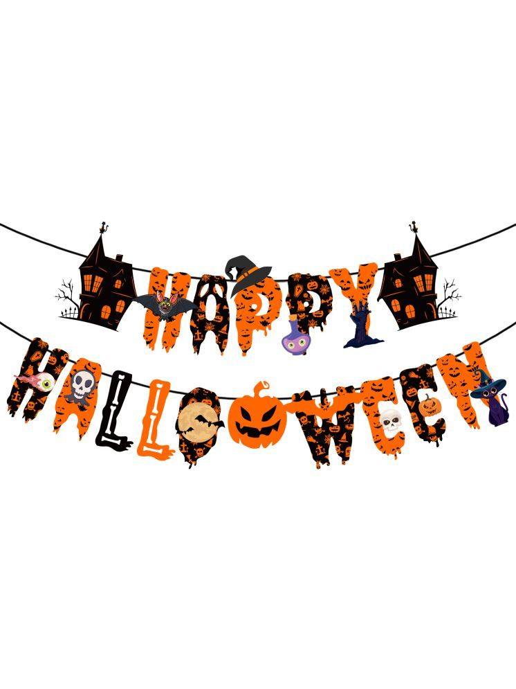     			Zyozi Highly Recommended Happy Halloween Burlap Paper Banner - Multicolored Design Pumpkin Witch Halloween Party Decorations White Black Orange