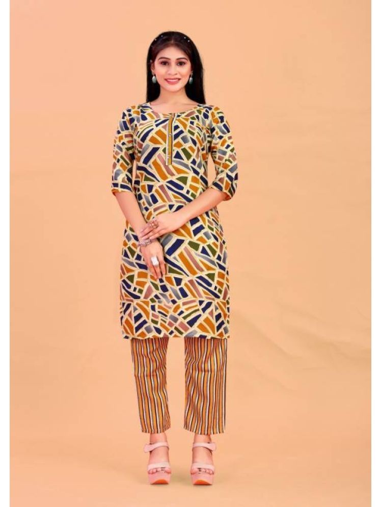     			INDIAN SILKS Cotton Printed Kurti With Pants Women's Stitched Salwar Suit - Yellow ( Pack of 1 )