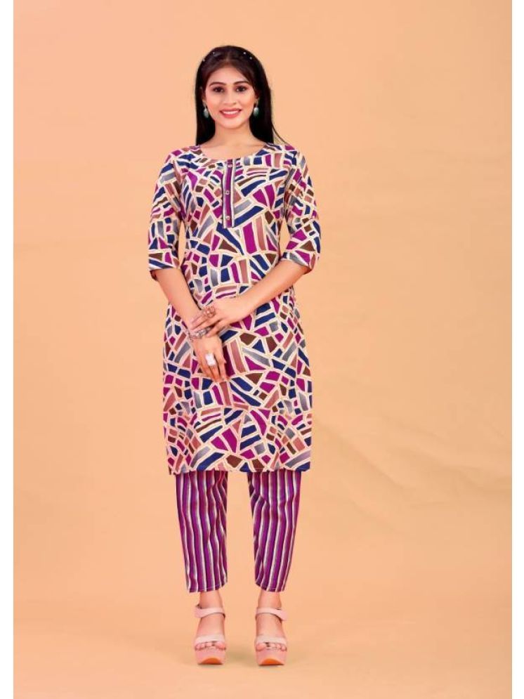     			INDIAN SILKS Cotton Printed Kurti With Pants Women's Stitched Salwar Suit - Purple ( Pack of 1 )