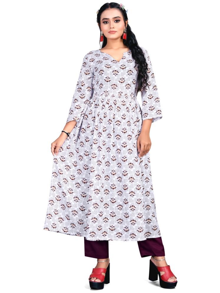     			INDIAN SILKS Rayon Printed Kurti With Pants Women's Stitched Salwar Suit - Purple ( Pack of 1 )