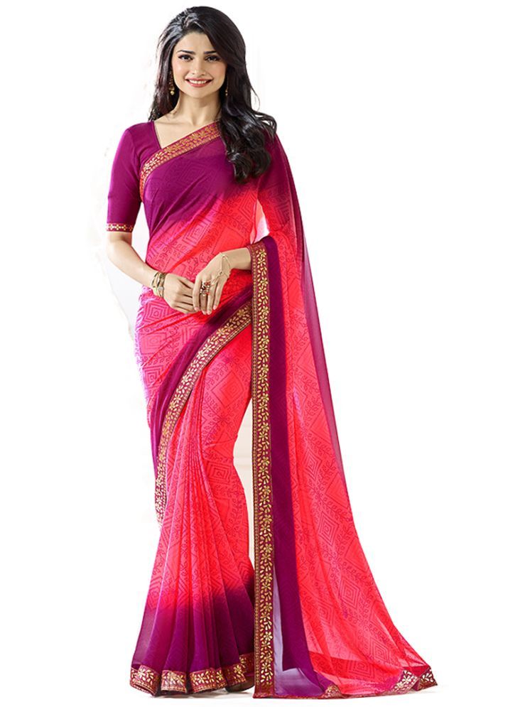     			KSNDV Trendz Georgette Printed Saree With Blouse Piece - Pink,Purple ( Pack of 1 )